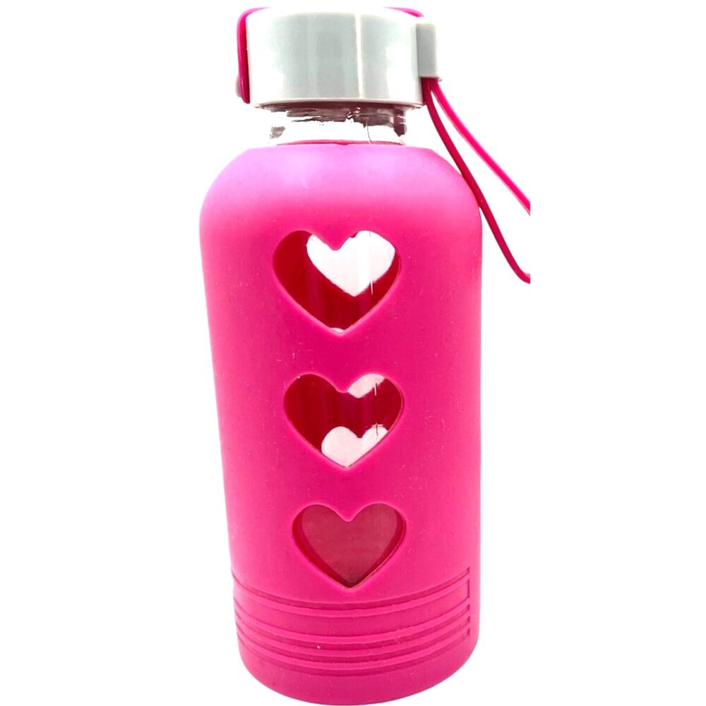 Hot Pink Fuchsia Hearts Silicone Glass Bottle Kawaii Beach Workout Festival Glam